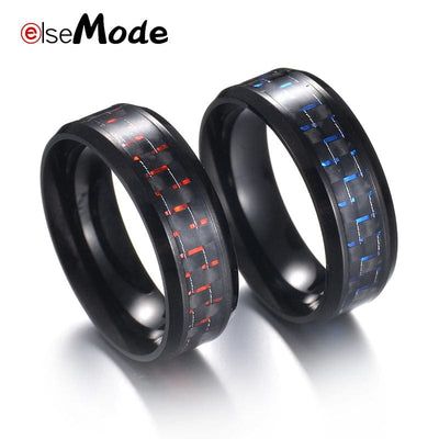 Ring - Men's Black Titanium Steel Carbon Fiber Red Blue Ring