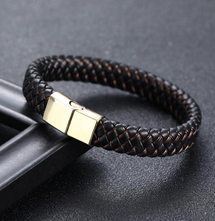 Pulsera - Pulsera de cuero trenzado negro/azul para hombre con cierre magnético de acero inoxidable