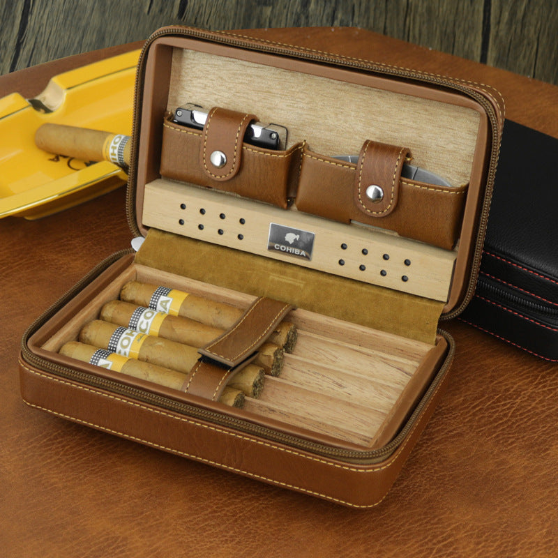 Portable Cedar Wood Leather Cigar Box Humidor