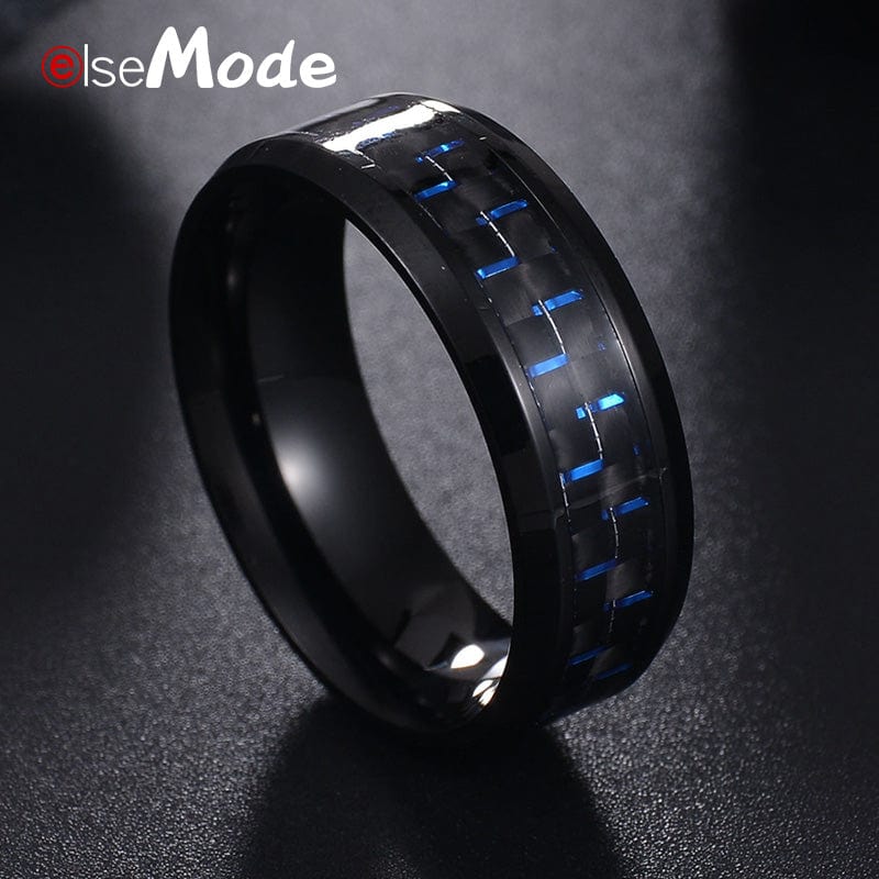 Ring - Men's Black Titanium Steel Carbon Fiber Red Blue Ring