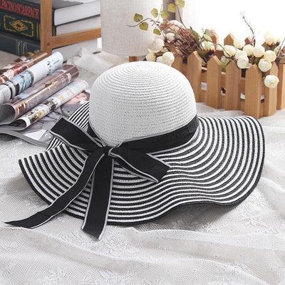 Women's Hepburn Wind Black White Striped Bowknot Large Brimmed Sunscreen Hat