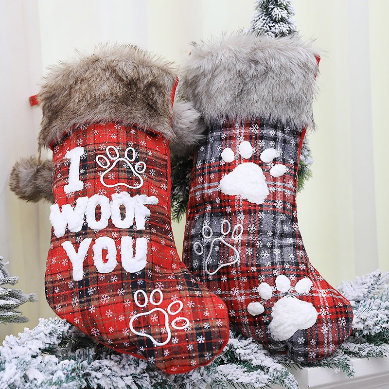 Christmas Stocking Decorations Fur Collar with Dog Paw