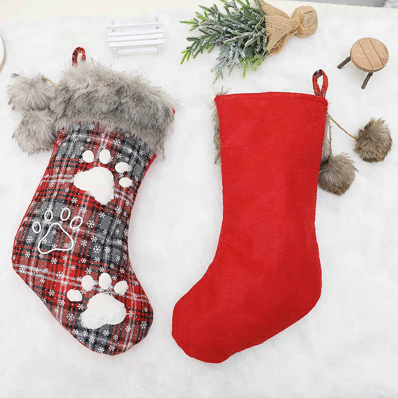 Christmas Stocking Decorations Fur Collar with Dog Paw