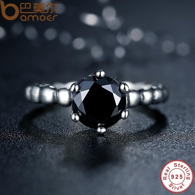 Ring - Women's BAMOER 925 Sterling Silver with Black Cubic Zirconia Ring