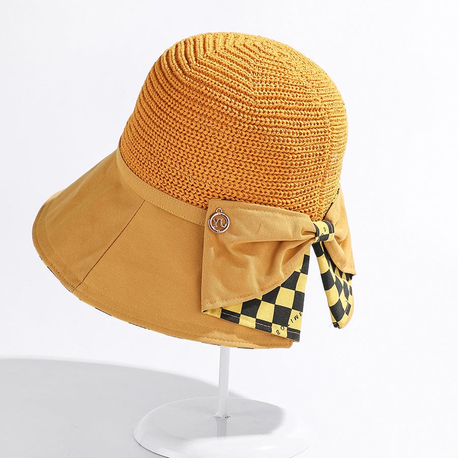 Wide-Brimmed Checkerboard Style Paper Straw Sunshade Women's Fisherman Hat