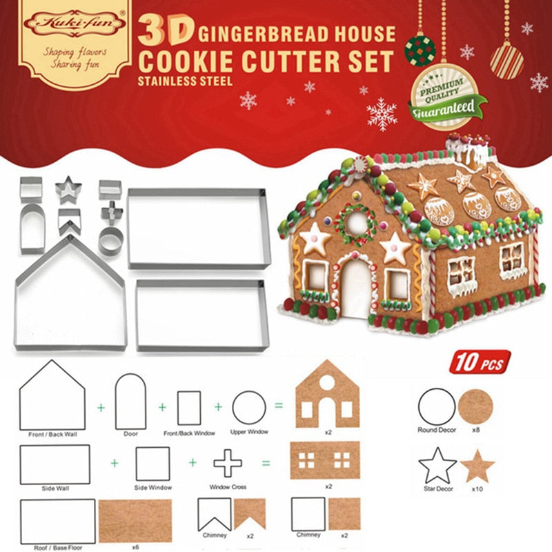 10pcs Christmas 3D Gingerbread House Stainless Steel Xmas Cookie Cutters Set