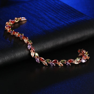 Bracelet - Women's Colorful Copper Zircon Crystal Willow Leaf Bracelet