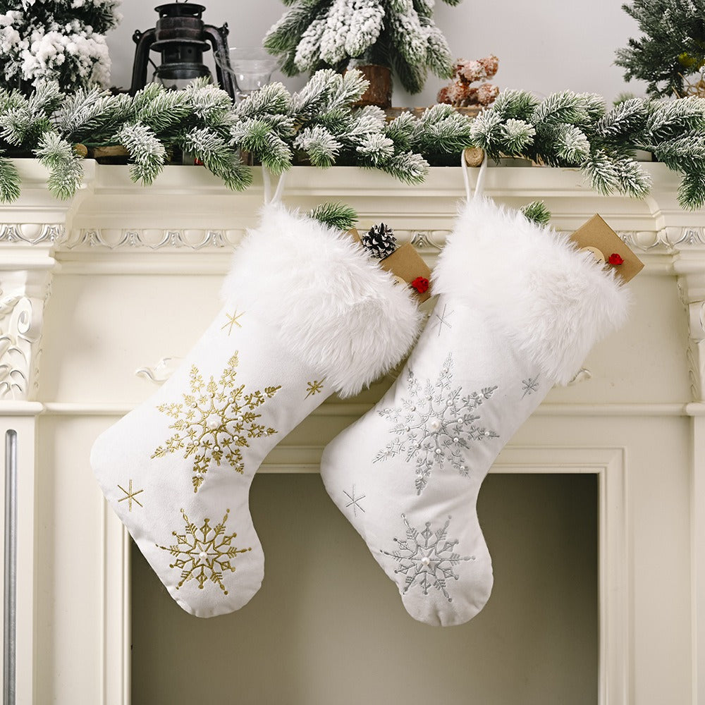 Christmas Stocking Plush Pearl Snowflake Xmas Socks