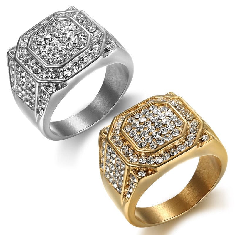 Ring - Men's Gold Plated Full of CZ Diamonds Titanium Steel Ring