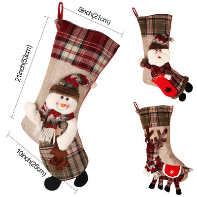 Christmas Stockings - Plaid Burlap Santa Clause Deer Snowman Large Xmas Stocking