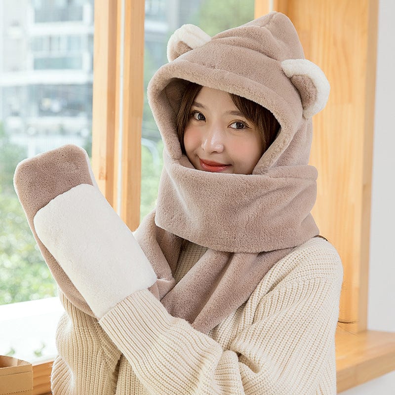 3 in 1 Bear Hat Gloves Scarf Women's Warm And Thick Plush Scarf