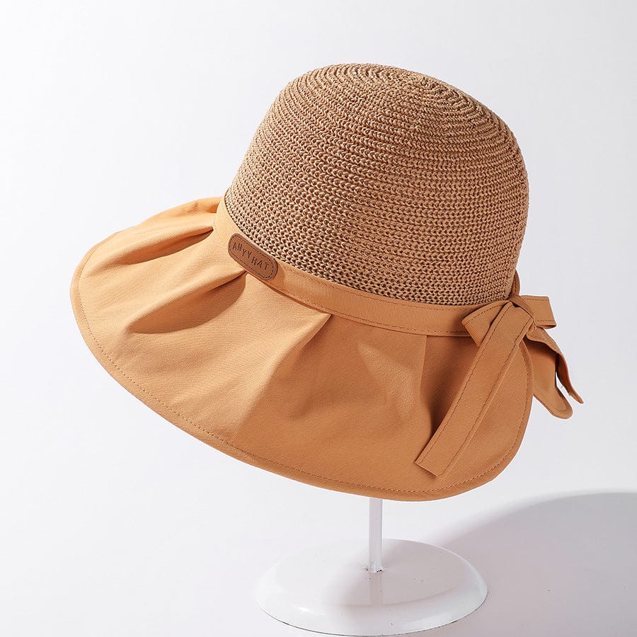 Women's Bow Pleated Big Brim Stitching Breathable Fisherman Sun Hat