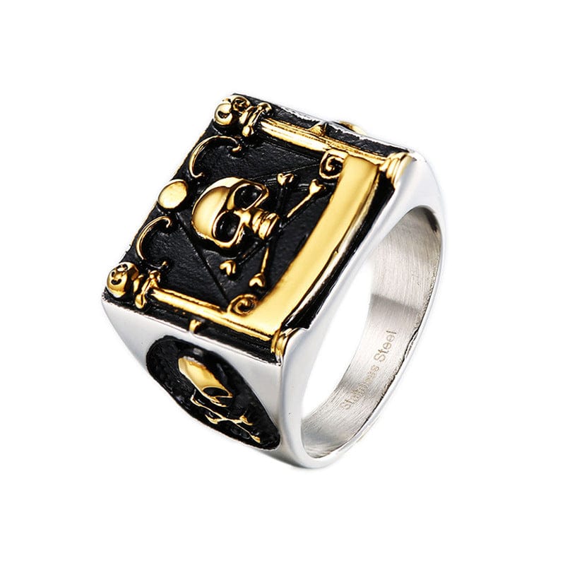 Ring - Men's Sterling Silver Black Skull Pirate Embroidered Stainless Steel Ring