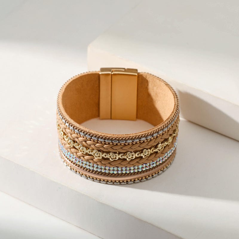 Bracelet - Unisex Bohemian Flower Elements Braided Leather With Magnetic Buckle Bracelet