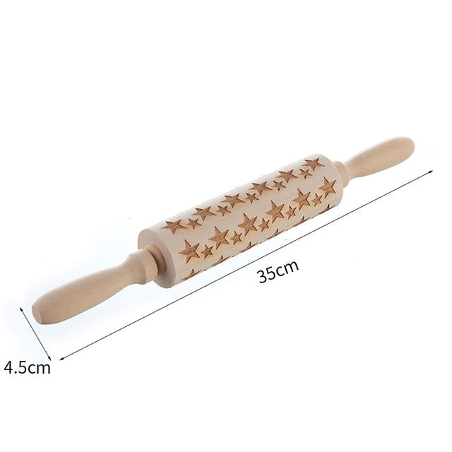 Christmas Deer Tree Snow Star Wood Rolling Pin