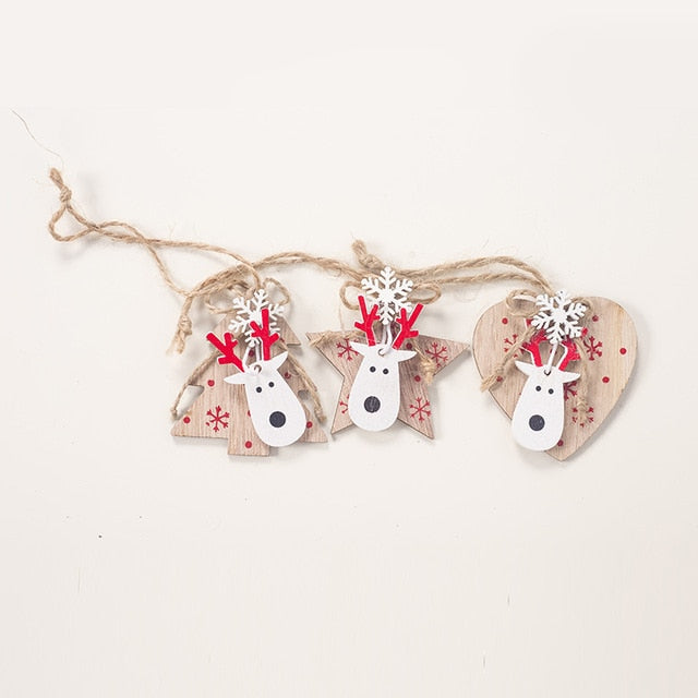 3pcs Cute Wooden Craft Reindeer Elk Snowflake Christmas Ornament