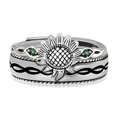 Ring - Unisex 925 Sterling Silver Sunflower And The Sun Retro Art Couple Ring