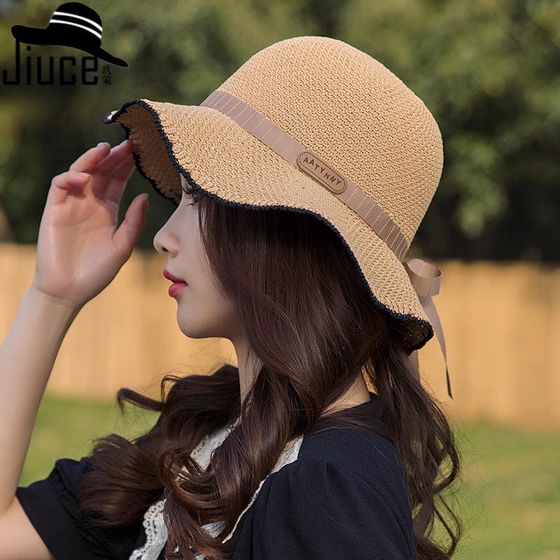 Women's Wavy Bow Ribbon Breathable Straw Sunscreen Hat