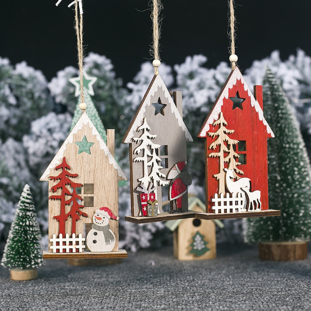 Christmas Colorful Wooden House Xmas Tree Ornament