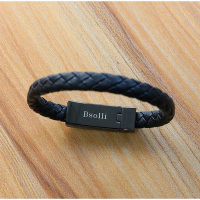Bracelet - Travel Fast USB Phone Chargers Men's Black Punk Silicone Braided Leather Bracelet