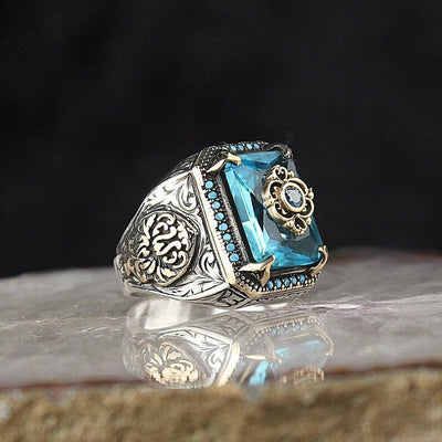 Ring - Men's Vintage Tribal Texture Aquamarine Zircon Ring