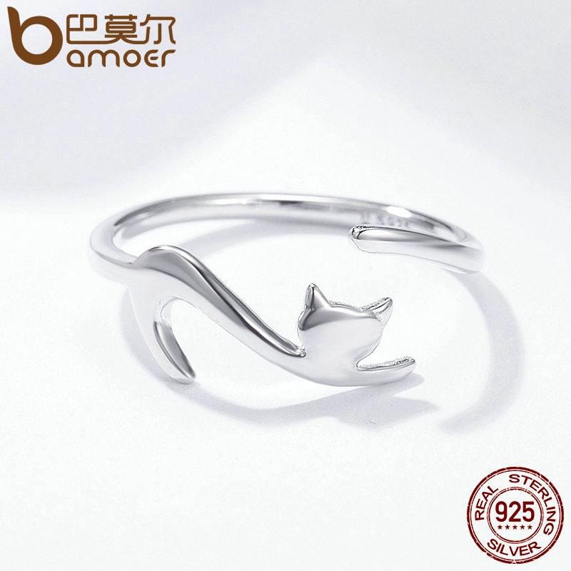 Ring - Women's BAMOER 925 Sterling Silver Sticky Cat with Long Tail Finger Ring