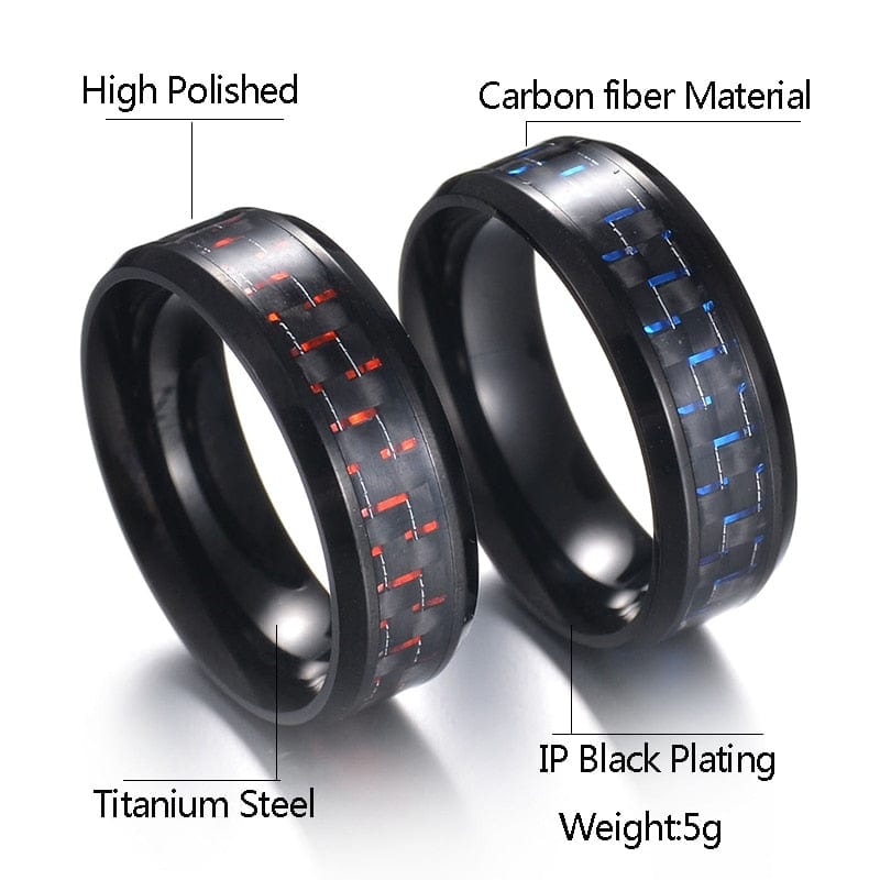 Ring - Men's Black Titanium Steel Carbon Fiber Red Blue Ring