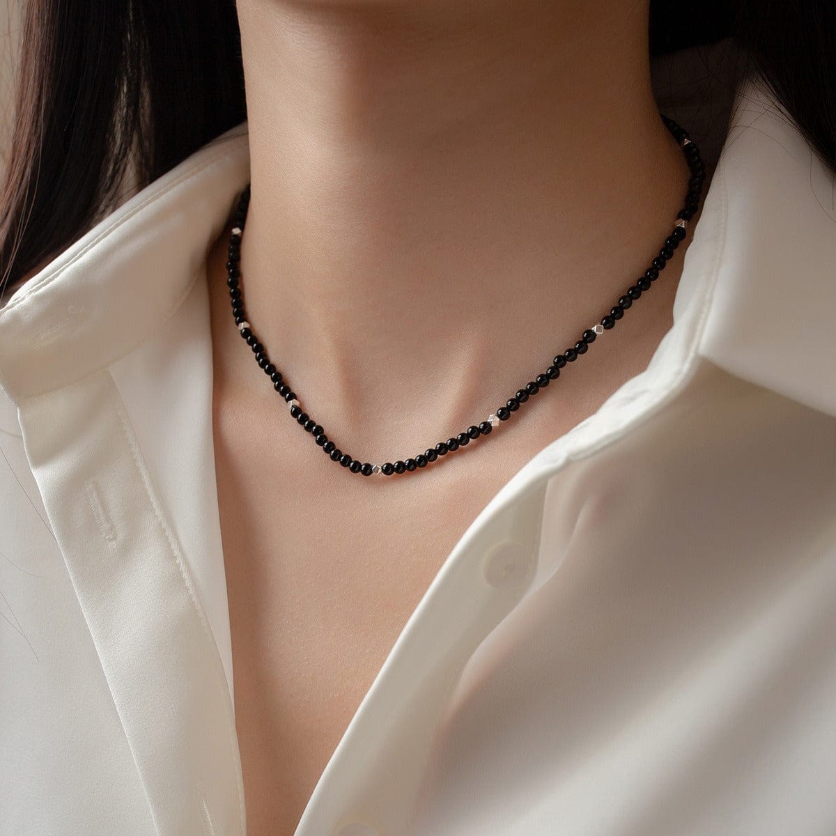 Collar - Collar de ágata negra de plata esterlina S925 para mujer