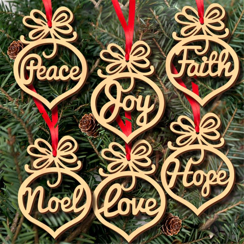 6Pc Wooded Christmas Decorations Hollow Xmas Ornaments