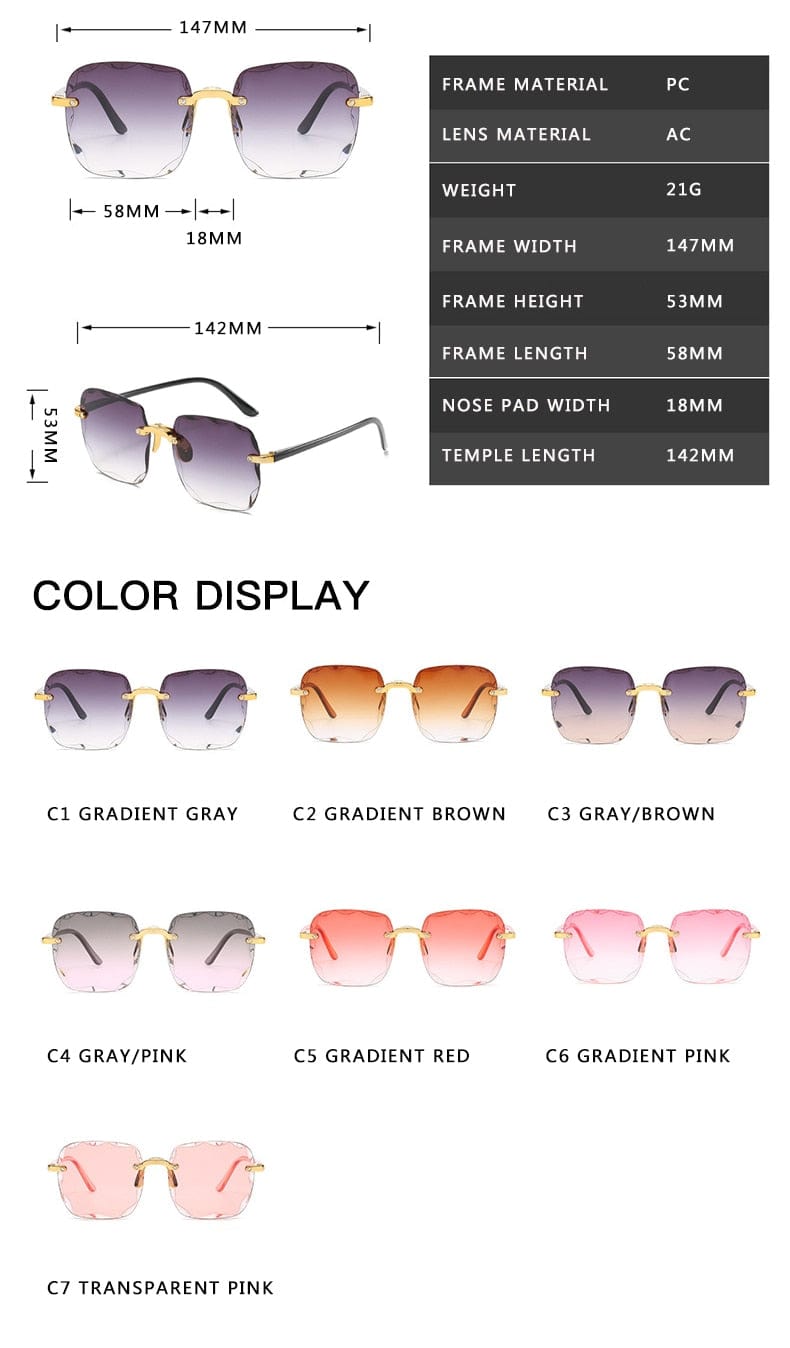 Sunglasses - Square Rimless Luxury Summer Red Unisex UV400 Sun Glasses