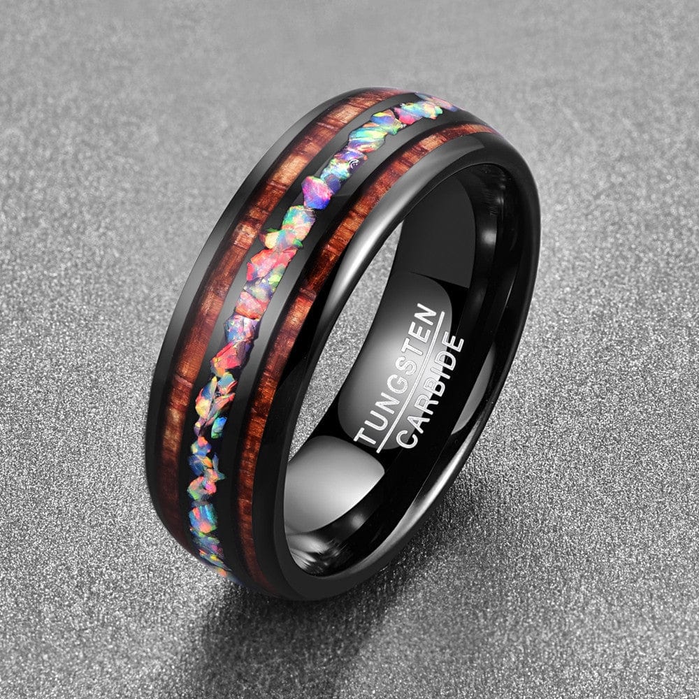 Ring - Men's 8mm Tungsten Carbide Nuncad Black Dome Acacia Wood Opal Ring