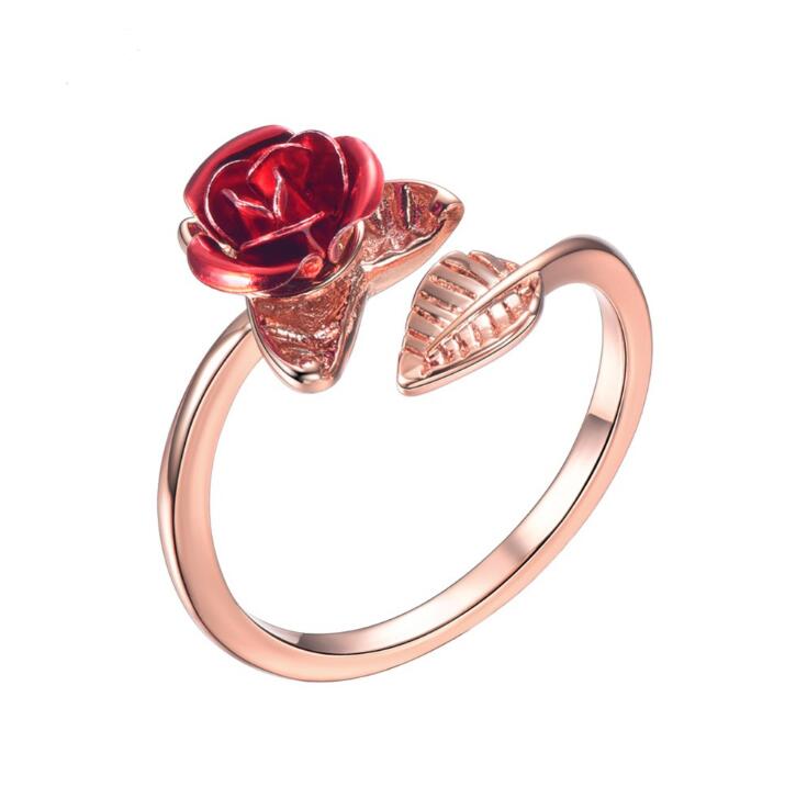 Ring - Women's Red Rose Garden Flower Leaves Adjustable Ring