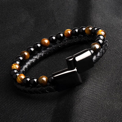 Bracelet - Men's Genuine Braided Leather Natural Stone Black Stainless Steel Tiger Eye Bracelet