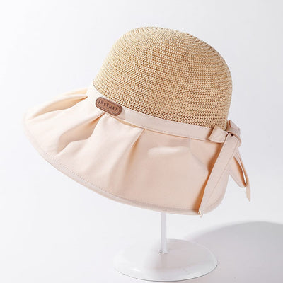 Women's Bow Pleated Big Brim Stitching Breathable Fisherman Sun Hat
