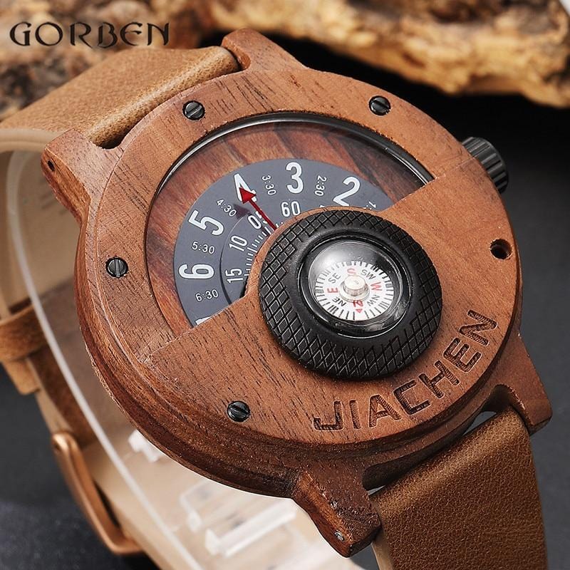 Men's Watch - Unique Compass Turntable Design Wooden Watch - GiddyGoatStore