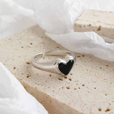 Ring - Women's Black Enameled Heart S925 Sterling Silver Adjustable Ring
