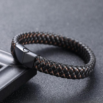 Pulsera - Pulsera de cuero trenzado negro/azul para hombre con cierre magnético de acero inoxidable