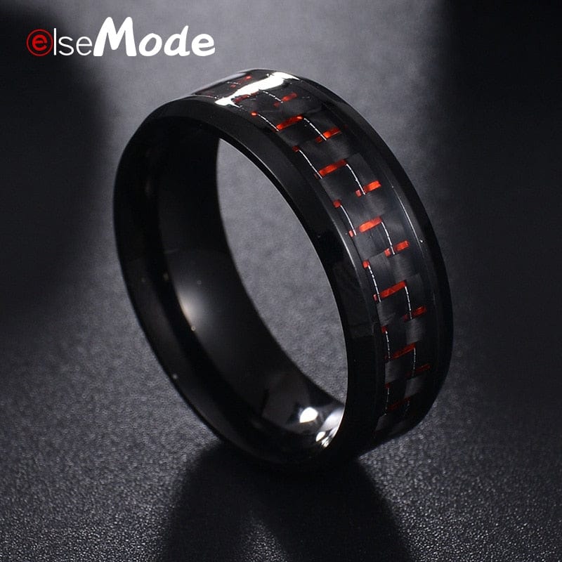 Ring - Men's Black Titanium Steel Carbon Fiber Red Blue Ring