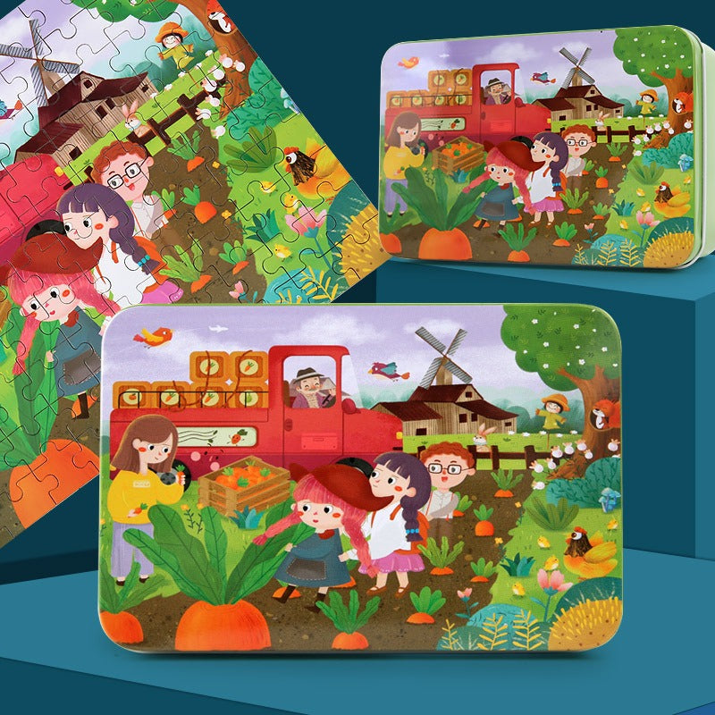 Children's 100-Piece Wood Puzzle In Tin Box Puzzles