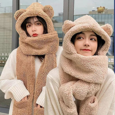 3 In 1 Plush Bear Cat Dog Hat Scarf Glove Thick And Warm Set