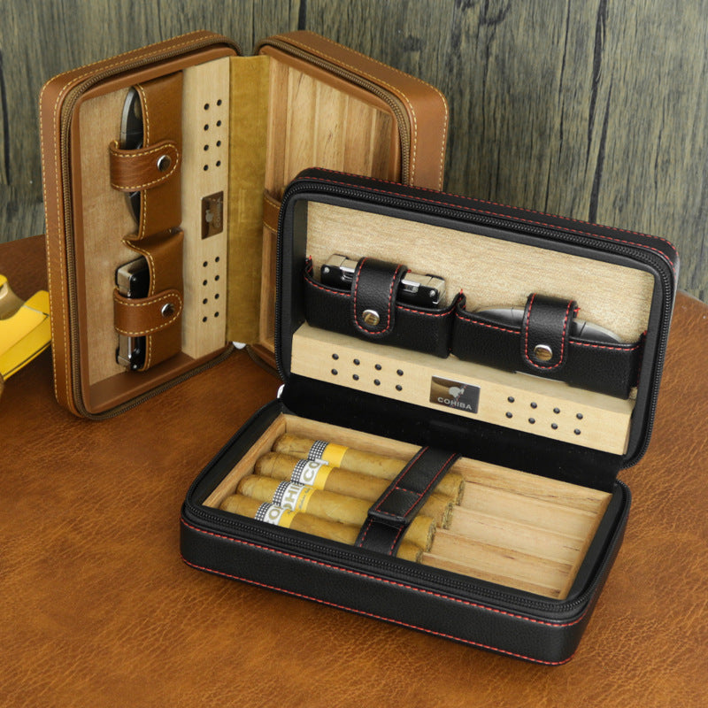 Portable Cedar Wood Leather Cigar Box Humidor