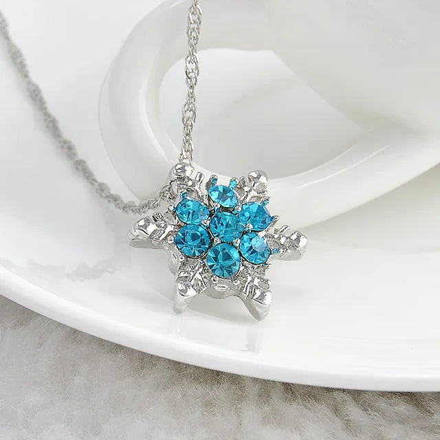 Christmas Necklace - Blue Zircon Crystal Snowflake Silver Necklace