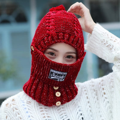 Women's Warm Knitted Wool Integrated Hat Mask Neck Scarf Hat