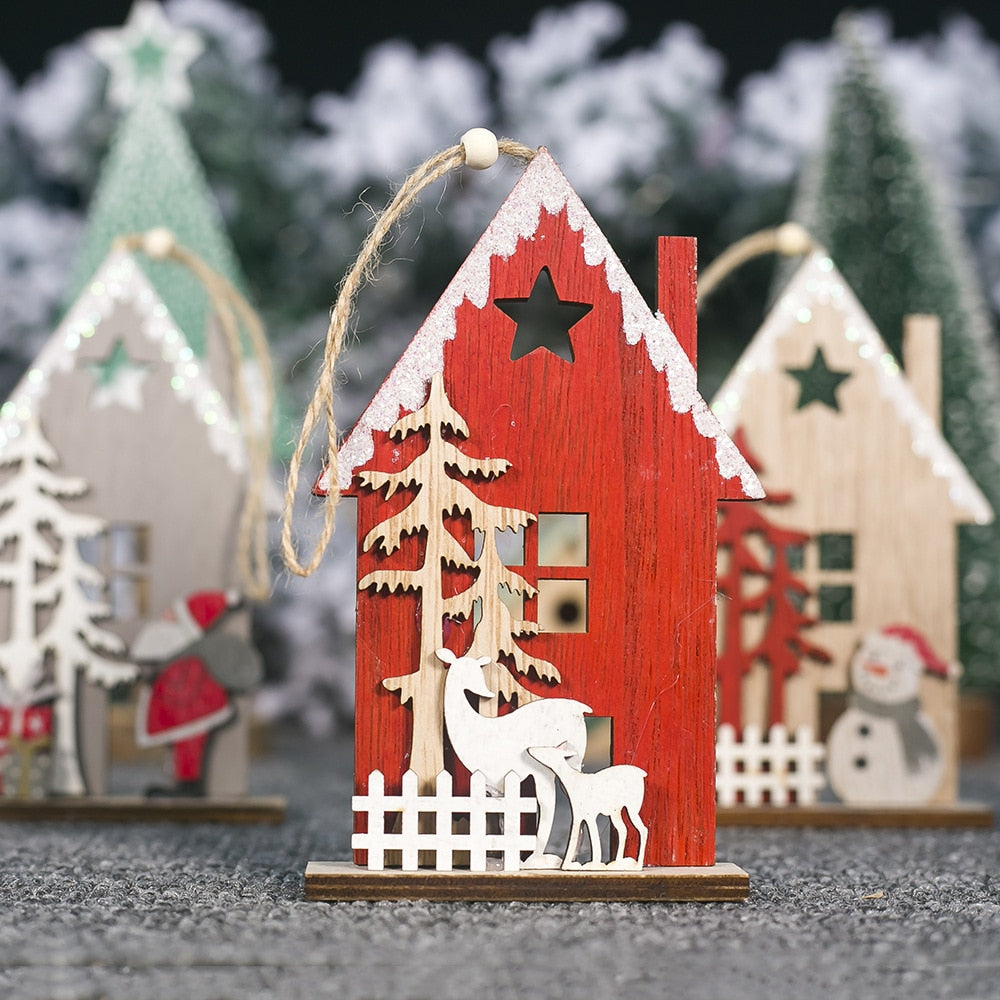 Christmas Colorful Wooden House Xmas Tree Ornament