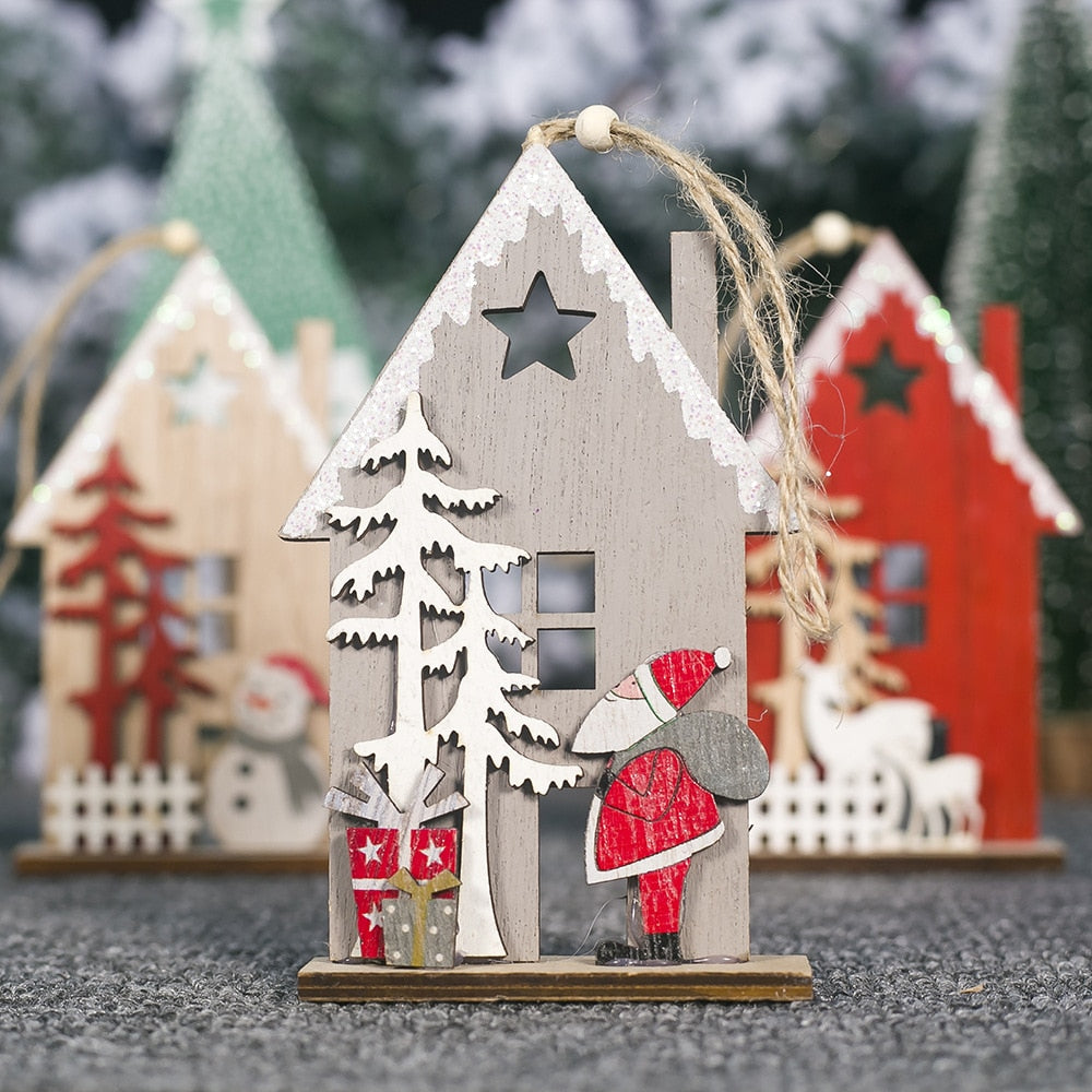 Christmas Colorful Wooden House Xmas Tree Ornament