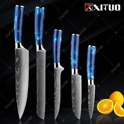 Set Of Exquisite Blue Resin Laser Damascus XITUO Kitchen Chef Knife