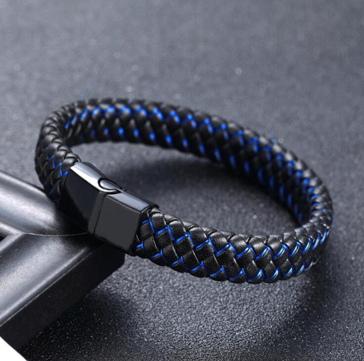 Pulsera - Pulsera de cuero trenzado negro/azul para hombre con cierre magnético de acero inoxidable