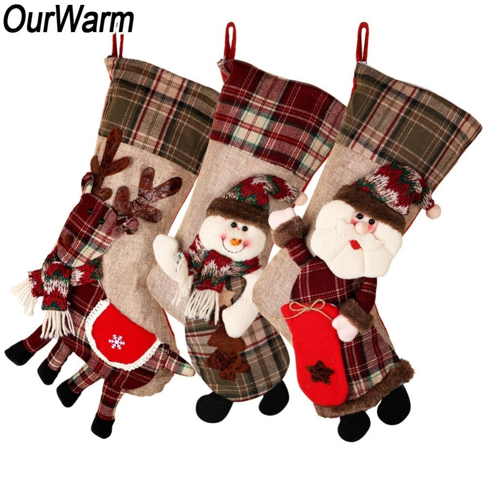 Christmas Stockings - Plaid Burlap Santa Clause Deer Snowman Large Xmas Stocking