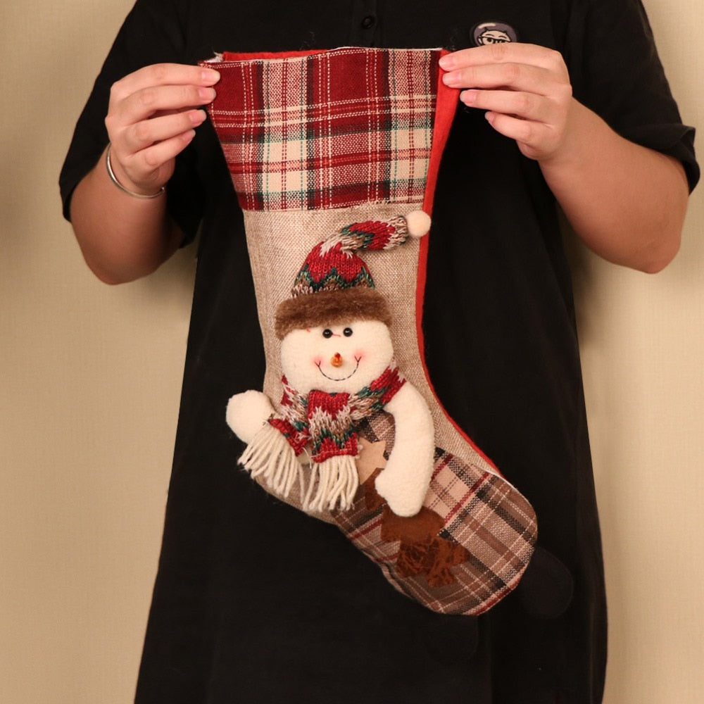 Christmas Stockings - Plaid Burlap Santa Clause Deer Snowman Large Xmas Stocking