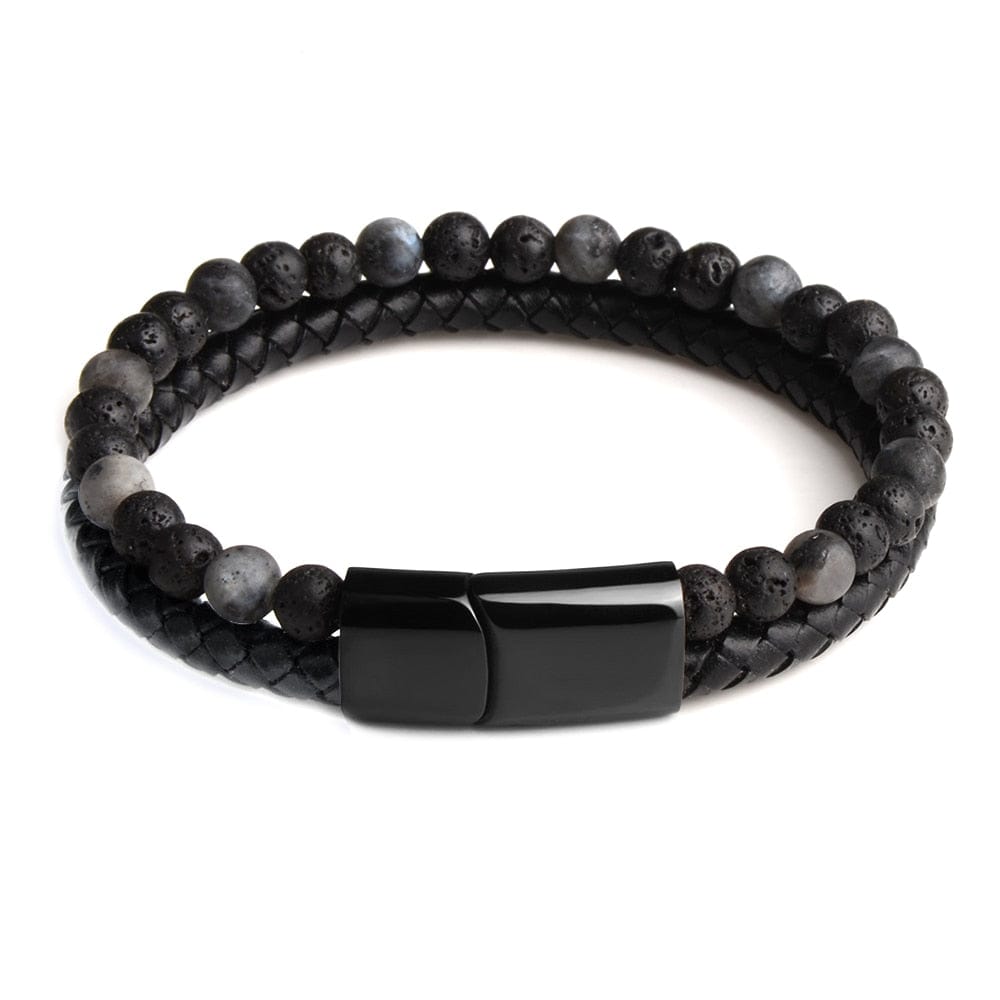 Bracelet - Men's Genuine Braided Leather Natural Stone Black Stainless Steel Tiger Eye Bracelet